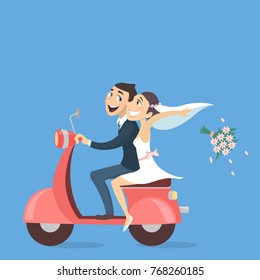 Just married couple riding scooter with bouquet of flowers.