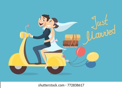 Just married couple riding scooter with balloons.