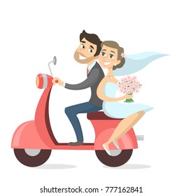 Just married couple riding scooter on white background.