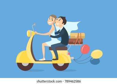 Just married couple riding scooter with baloons and luggage on white background.