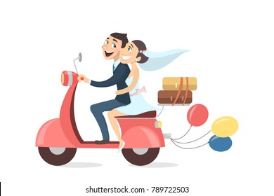 Just married couple riding scooter with baloons and luggage on white background.