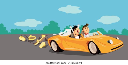 Just Married Couple Running Away In Their Honeymoon Vector Cartoon Illustration. Bride And Groom Driving A Yellow Comfortable With Cans Attached In The Back
