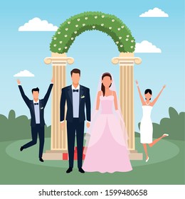 just married couple standing and other married couple excited over floral arch, colorful design, vector illustration