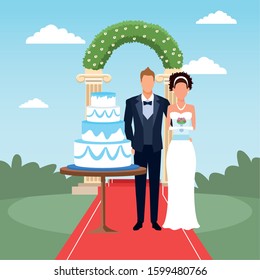 just married couple standing with wedding cake and floral arch around, vector illustration