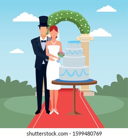 just married couple standing with wedding cake and floral arch around, colorful design, vector illustration
