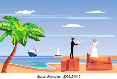 Una pareja de recién casados, de pie en la costa del mar posando sobre un vector de cámara