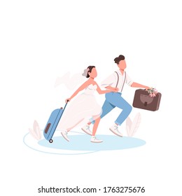 Just married couple with suitcases flat color vector faceless characters. Wife and husband honeymoon. Bride and groom run together isolated cartoon illustration for web graphic design and animation