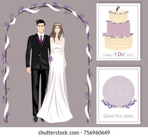 Just married couple. Vector illustration of bride and groom with ceremonial arch and wedding cake