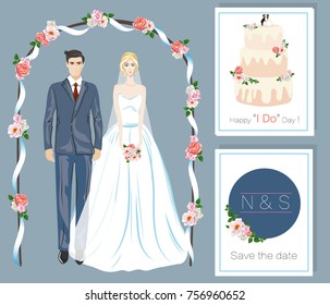 Just married couple. Vector illustration of bride and groom with ceremonial arch and wedding cake