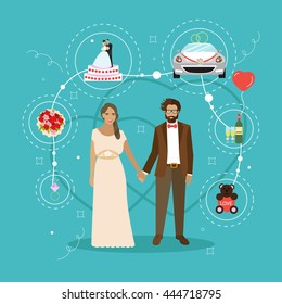 Just married couple with wedding attributes concept vector illustration. Design elements and icons in flat style.