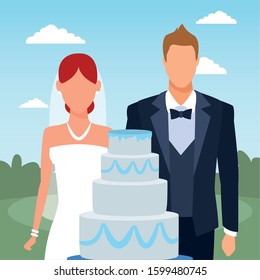 just married couple with wedding cake, colorful design, vector illustration