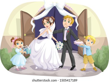 Just Married Couple Wedding Scene Illustration