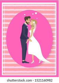 Just married couple in wedding suit and white dress kissing, pink oval frame. Vector cartoon photo of newlywed husband and wife, happy lovers dating