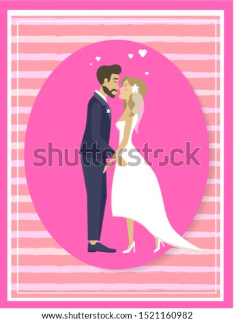 Just married couple in wedding suit and white dress kissing, pink oval frame. Vector cartoon photo of newlywed husband and wife, happy lovers dating