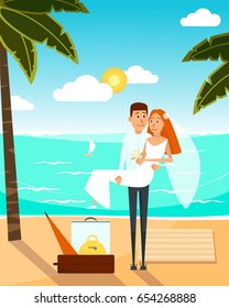 Just married couple went to the beach after wedding. Honeymoon vacation concept poster. Vector illustration with cartoon characters in flat style design.