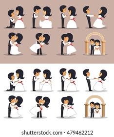 Just married couples in different poses. Vector illustration in flat style. Design elements and icons isolated on white background. Wedding couple silhouettes.