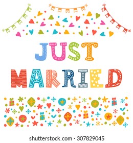 Just married. Cute greeting card. Vector illustration