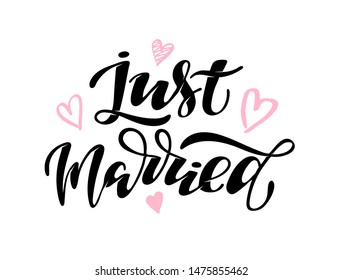 Just Married - cute hand drawn doodle lettering poster banner for invitation, banner