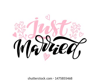 Just Married - lindo dibujado a mano doodle cartel Anuncio para invitación, Anuncio