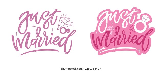 Just married - cute hand drawn doodle lettering. Lettering about wedding, Mr and Mrs, Now and forever. T-shirt design, mug print