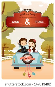 Just Married : Cute Wedding Car On The Road Invitation Card template vector/illustration 