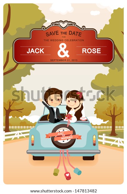 Just Married : Cute Wedding Car On\
The Road Invitation Card template vector/illustration\

