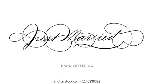 Just Married. Elegant typography for your wedding and event designs. Modern calligraphy and hand lettering. Can be printed on greeting cards, paper and textile designs, etc.