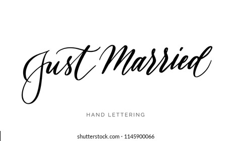 Just Married. Elegant typography for your wedding and event designs. Modern calligraphy and hand lettering. Can be printed on greeting cards, paper and textile designs, etc.