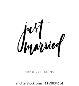 Just Married. Elegant typography for your wedding and event designs. Modern calligraphy and hand lettering. Can be printed on greeting cards, paper and textile designs, etc.