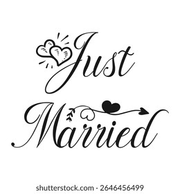 Just Married. Elegant typography for your wedding and event designs. Modern calligraphy and hand lettering. Can be printed on greeting cards, paper and textile designs