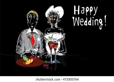 Just married funny charcters sitting at the table with food and drinks, invitation card,  illustration in doodle style on black