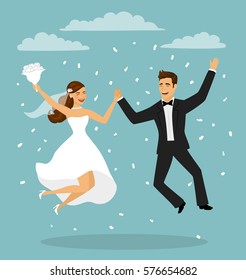 Just Married Funny Couple, Bride And Groom Jumping From After Wedding Ceremony