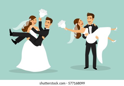 Just Married Funny Couple, Bride And Groom Carry Each Other After Wedding Ceremony