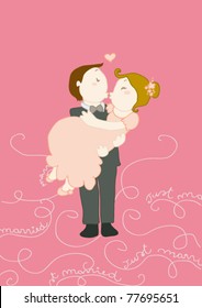 Just married funny kissing couple. Decorated background.
