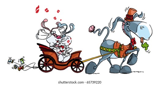 Just married funny vector illustration. Old Charlot with donkey and rabbit. Template easy editable for book design.