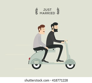 Just married gay wedding couple riding motorbike