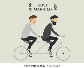 Just married gay wedding couple riding bicycle