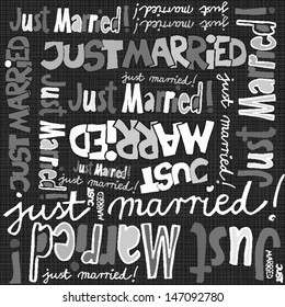 just married gray black white hand written announce on dark background graphic typographic seamless pattern