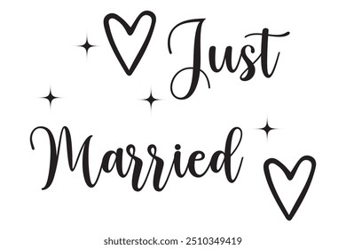 JUST MARRIED hand drawn lettering  words vector icon. vector illustration.