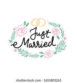 Just Married hand drawn vector phrase lettering. Hand-drawn inspires 
 the inscription. Abstract illustration with text on a white background. Rings, dots, leaves and flowers design element