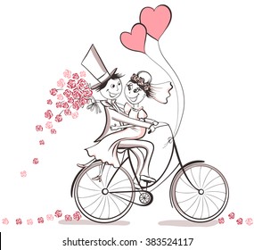 Just married. Hand drawn wedding couple in love on bicycle. Cute cartoon vector illustration