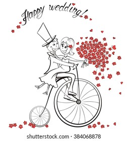 Just Married. Hand Drawn Wedding Couple In Love On Bicycle. Cute Cartoon Vector Illustration