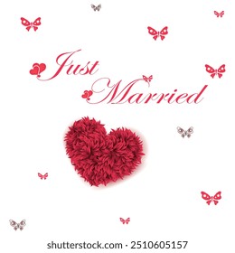 Just married hand lettering with hearts background for wedding cards and invitation. Vector illustration design eps 10