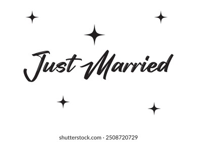 Just Married hand lettering phrase. Vector brush calligraphy text design isolated on white background.