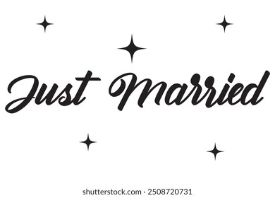 Just Married hand lettering phrase. Vector brush calligraphy text design isolated on white background.