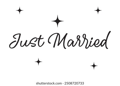 Just Married hand lettering phrase. Vector brush calligraphy text design isolated on white background.