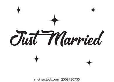 Just Married hand lettering phrase. Vector brush calligraphy text design isolated on white background.