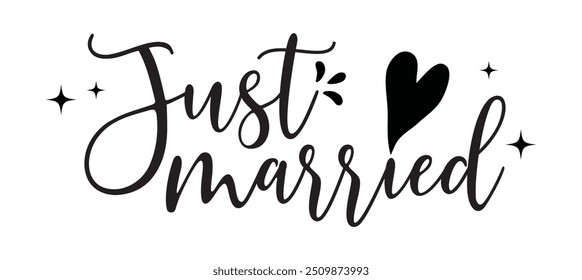 Just Married hand lettering phrase. Vector brush calligraphy text design isolated on white background.