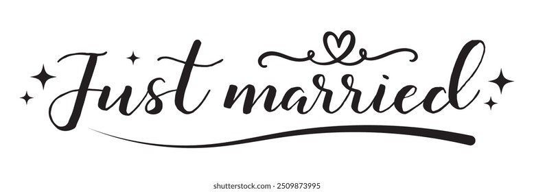 Just Married hand lettering phrase. Vector brush calligraphy text design isolated on white background.