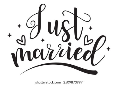 Just Married hand lettering phrase. Vector brush calligraphy text design isolated on white background.